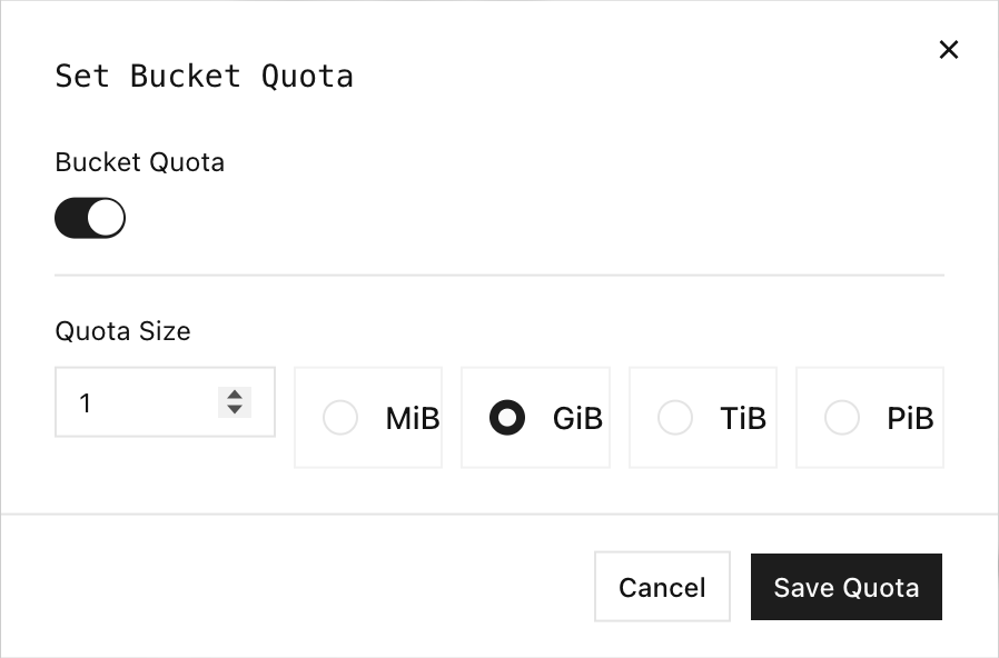 クォータサイズと単位のコントロールがある Set Bucket Quota ダイアログ